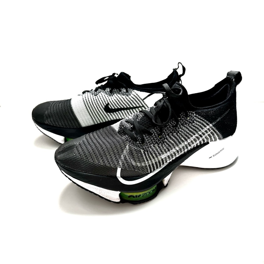 | nike • zoom tempo next% flyknit black white volt sneaker • size 9.5 |
